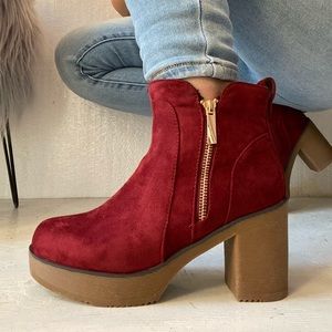Wine Faux Suede Motorcycle Platform Booties